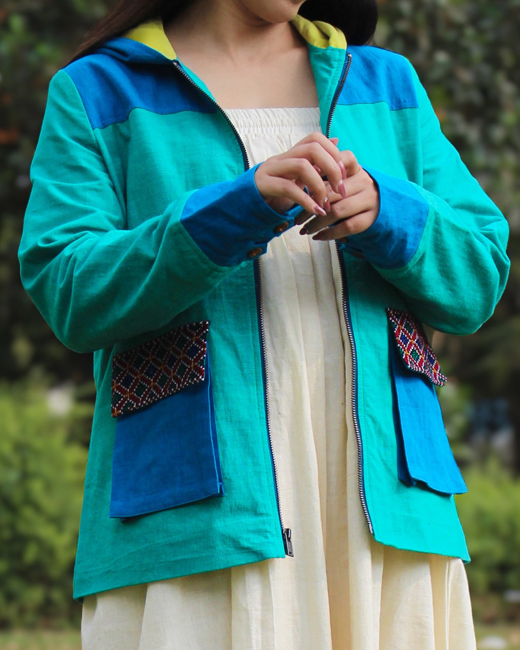 Color Block Jacket in Green and Blue