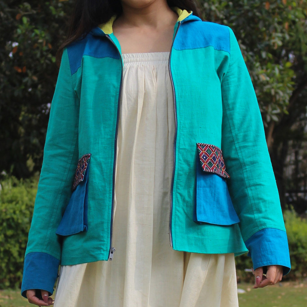 Color Block Jacket in Green and Blue